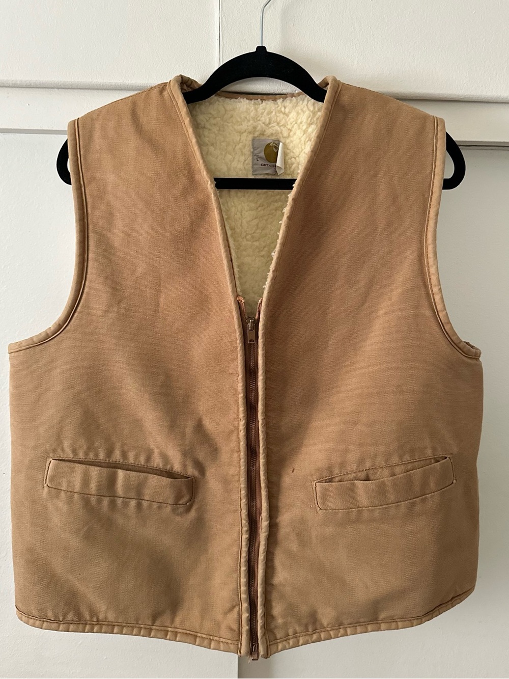 Vintage Carhartt Sherpa Lined Duck Canvas Vest Mens L Tan Zip Workwear